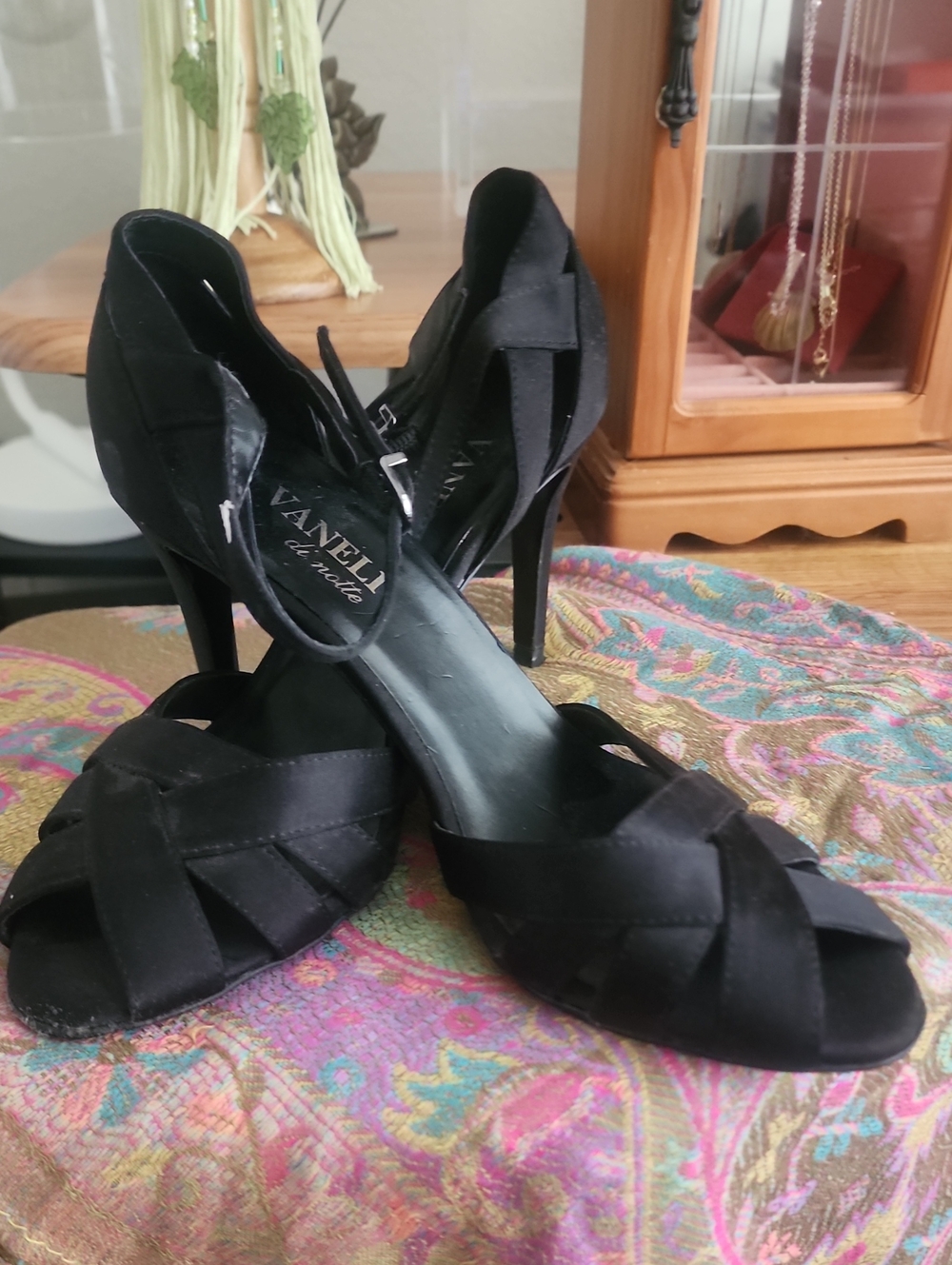Vaneli Black Satin Crisscross Peep-Toe Ankle-Strap Heels